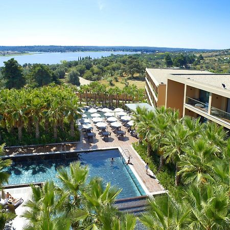 Ap Lago Montargil - Conference & Spa Zewnętrze zdjęcie The photo shows a scenic view of a modern hotel or resort. In the foreground, there is a swimming pool surrounded by palm trees, with lounge chairs positioned beside it. Sun umbrellas provide shade over the chairs. The background features a lush land